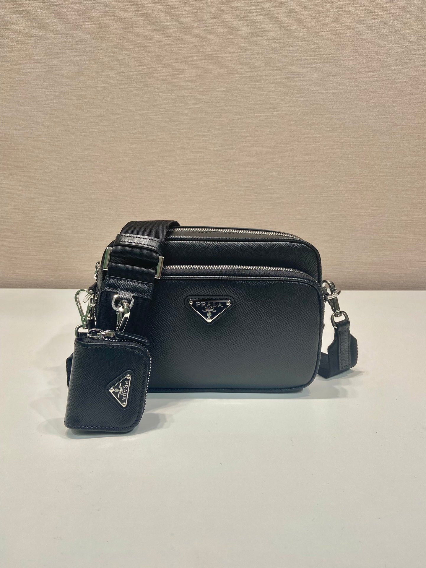 Prada Saffiano Leather Shoulder Bag With Pouch